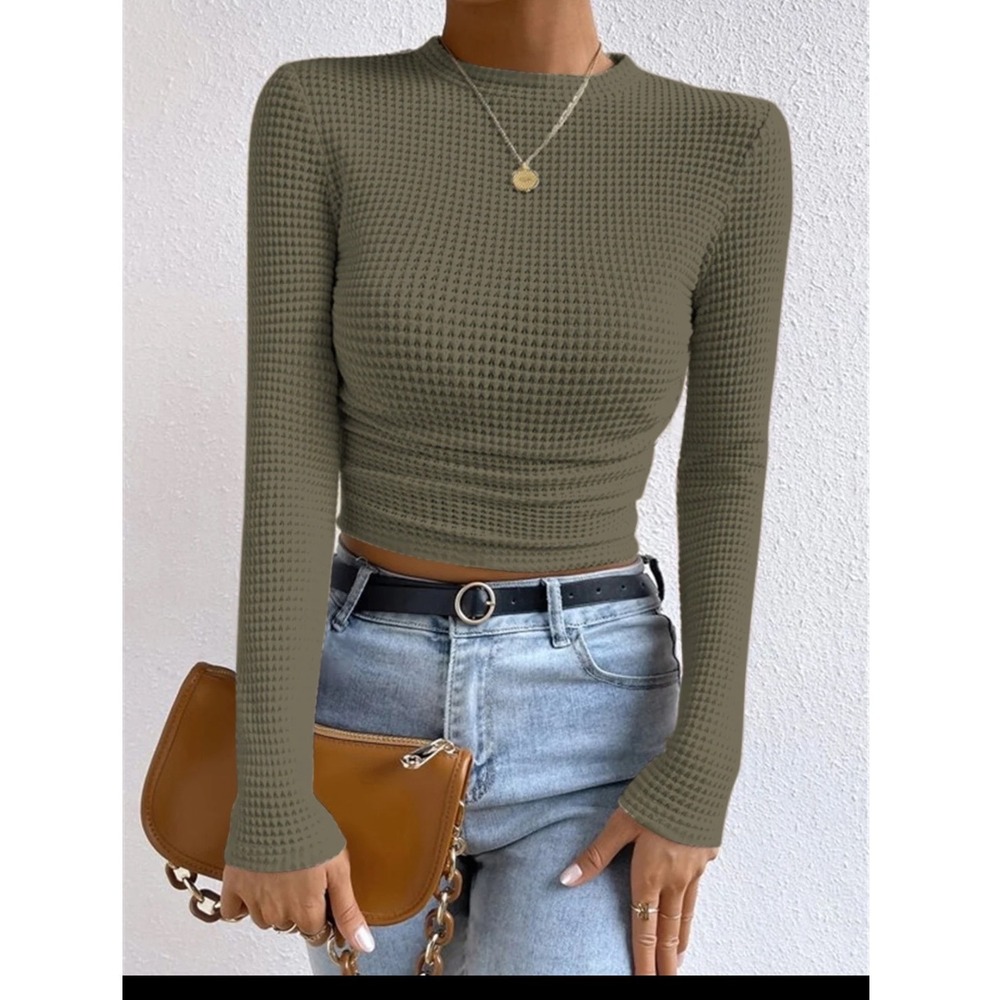 COMMENSE Plain Waffle Slim Sweater Olive Green - Size S / NWT